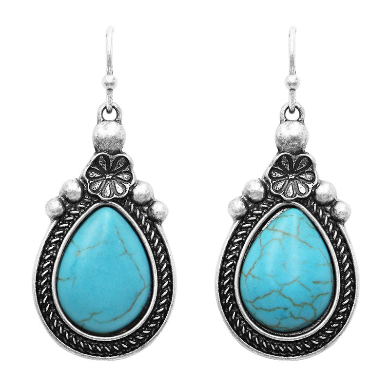 South Western Cowgirl Style Teardrop Turquoise Howlite Textured Dangle Earrings, 1.5"