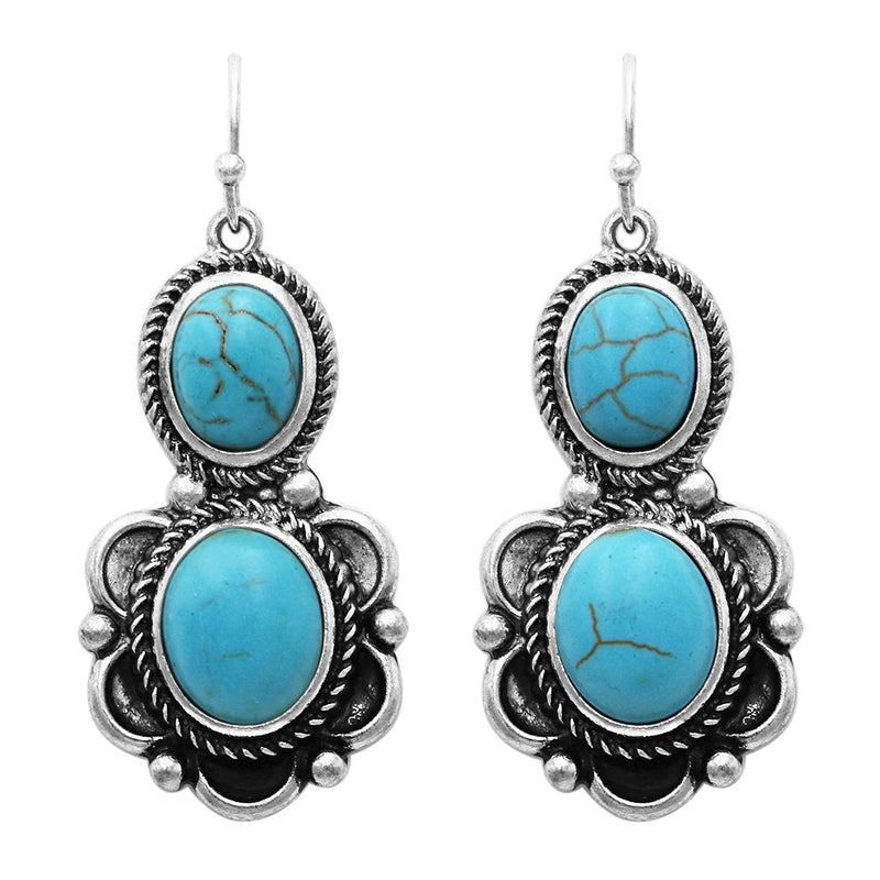 Vintage Cowgirl Style Textured Double Concho Turquoise Howlite Dangle Earrings, 1.75"