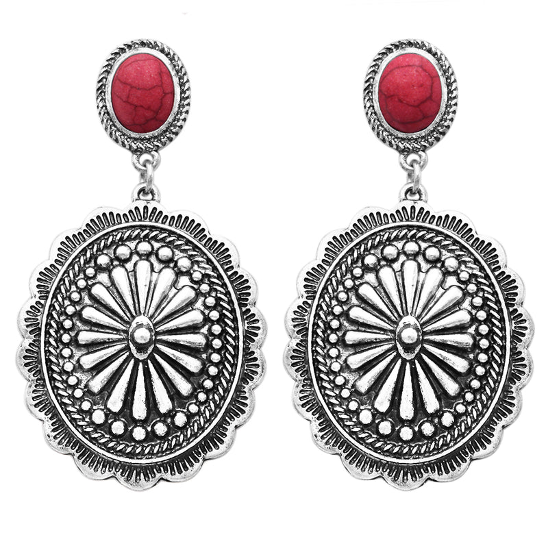 Southwestern Style Concho with Natural Howlite Drop Statement Post Earrings, 2.25" (Red)