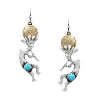 Western Style Dancing Kokopelli Flute Player With Turquoise Howlite Dangle Earrings, 2.25"