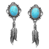 Western Style Decorative Metal Feathers And Framed Turquoise Howlite Dangle Earrings, 2.75
