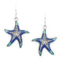 Stunning Blue And Green Enamel Starfish Dangle Earrings, 1.37"