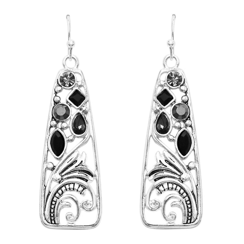 Tailored Geometric Scroll with Crystal Accents Dangle Earrings, 2" (Black)