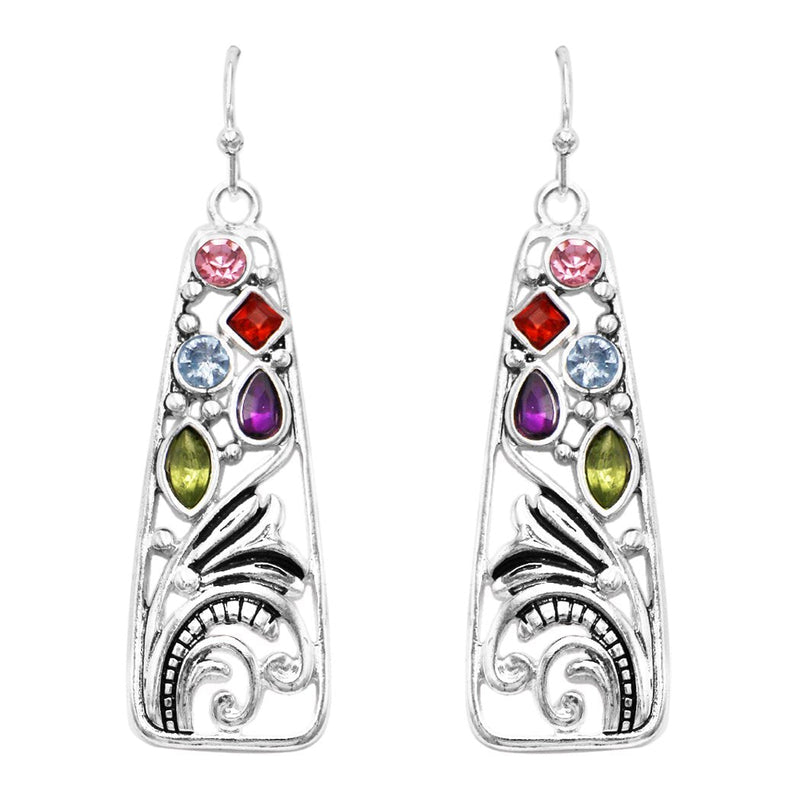 Tailored Geometric Scroll with Crystal Accents Dangle Earrings, 2" (Multicolored)