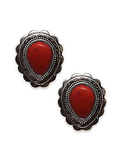 Statement South Western Style Natural Howlite Teardrop Cowgirl Clip On Style Earrings, 1.12" (Red)