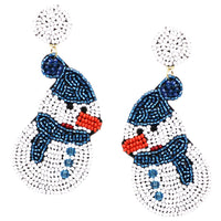 Women's Wintertime Holiday Snowman Seed Bead Decorative Christmas Stud Dangle Earrings, 3.25"