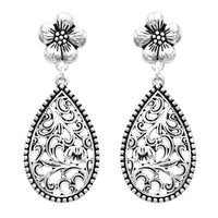 Tailored Metal Flower Top Filigree Cutout Teardrop Statement Dangle Earrings, 2.25"