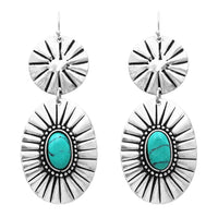 South Western Style Statement Textured Metal Concho Turquoise Howlite Dangle Earrings, 3"