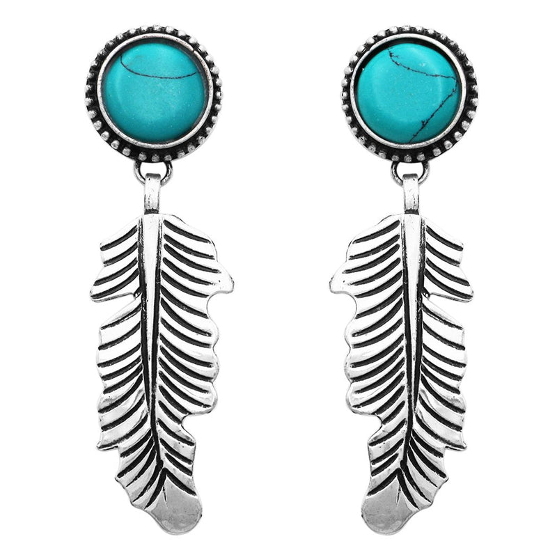 South Western Style Decorative Metal Feather Turquoise Howlite Dangle Earrings, 3"
