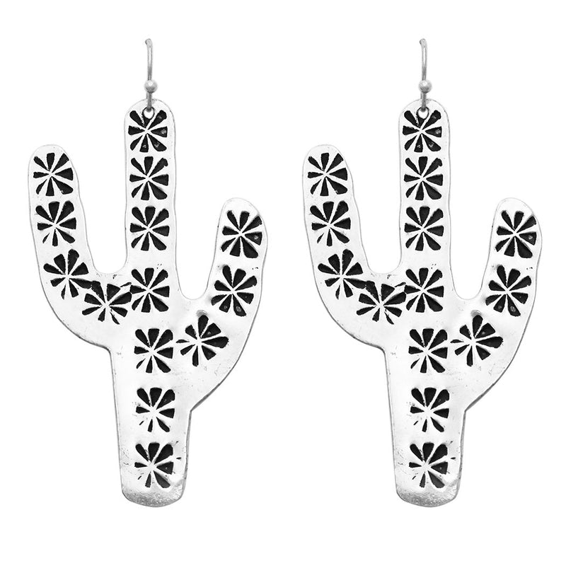 South Western Style Textured Metal Cactus Flower Dangle Earrings,2.75"