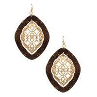 Stunning Matte Gold Tone Filigree And Cork Cutout Dangle Earrings, 2.5" (Brown with Gold Flecks)