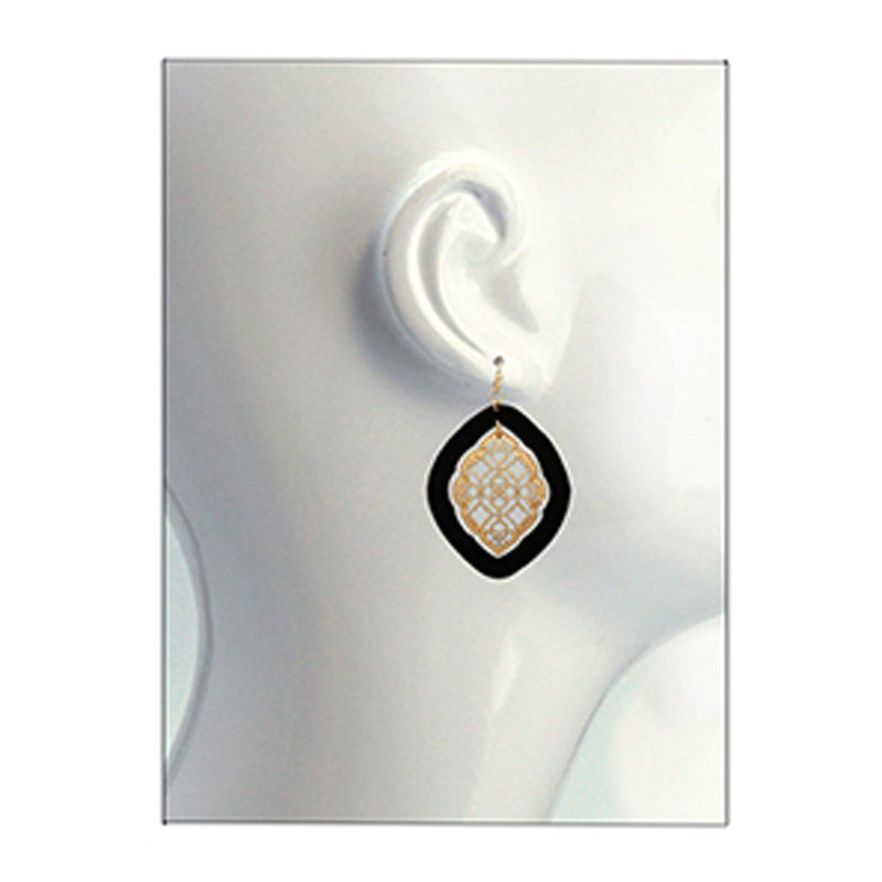 Stunning Matte Gold Tone Filigree And Cork Cutout Dangle Earrings, 2.5" (Black)