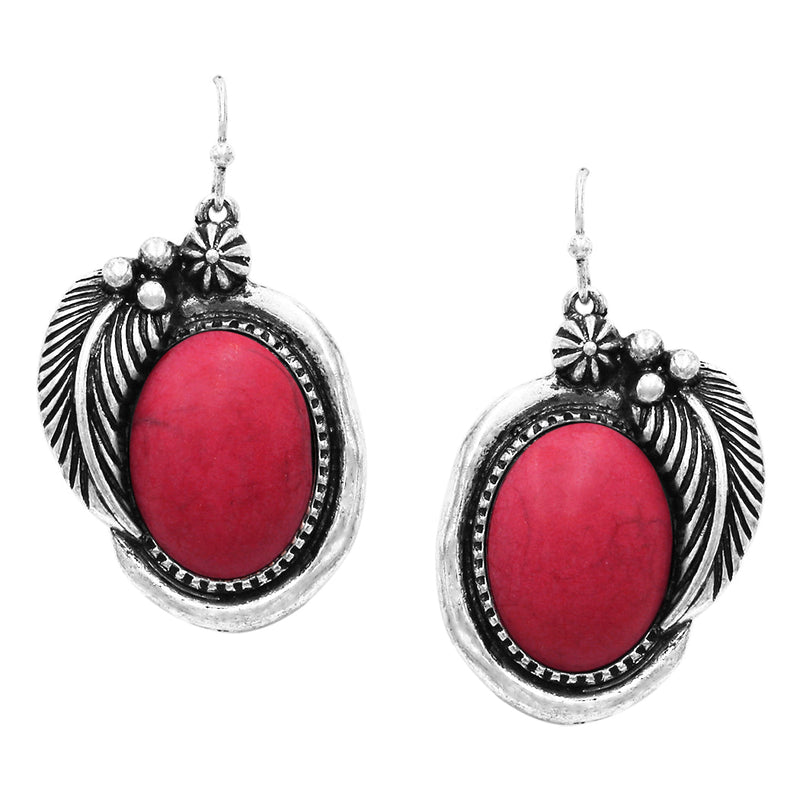 Western Style Decorative Metal Feathers Framed Howlite Dangle Earrings, 1.75" (Red Howlite Stone)