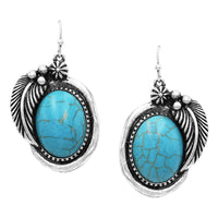 Western Style Decorative Metal Feathers Framed Howlite Dangle Earrings, 1.75" (Turquoise Blue Howlite Stone)