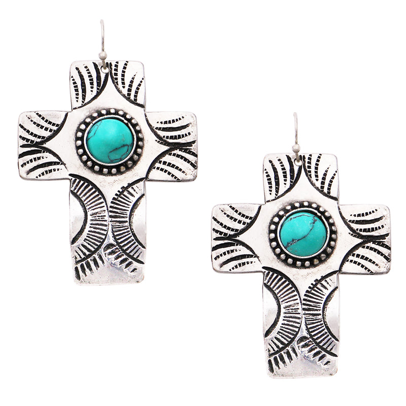 Western Style Statement Textured Metal Cross With Turquoise Howlite Dangle Earrings, 2.25"