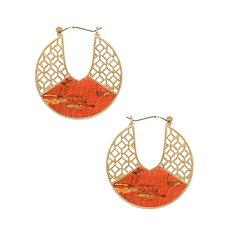 Stunning Matte Gold Tone Filigree And Cork Cutout Disk Earrings, 1.5" (Coral Orange)