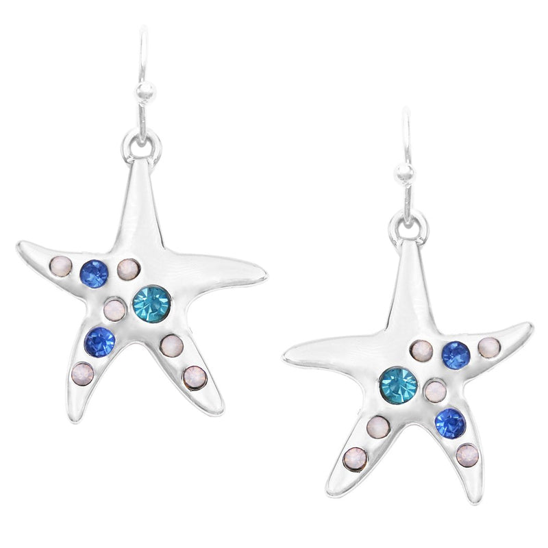 Beautiful Polished Silver Tone With Crystal Accents Sea Creature Starfish Dangle Earrings, 1.50"