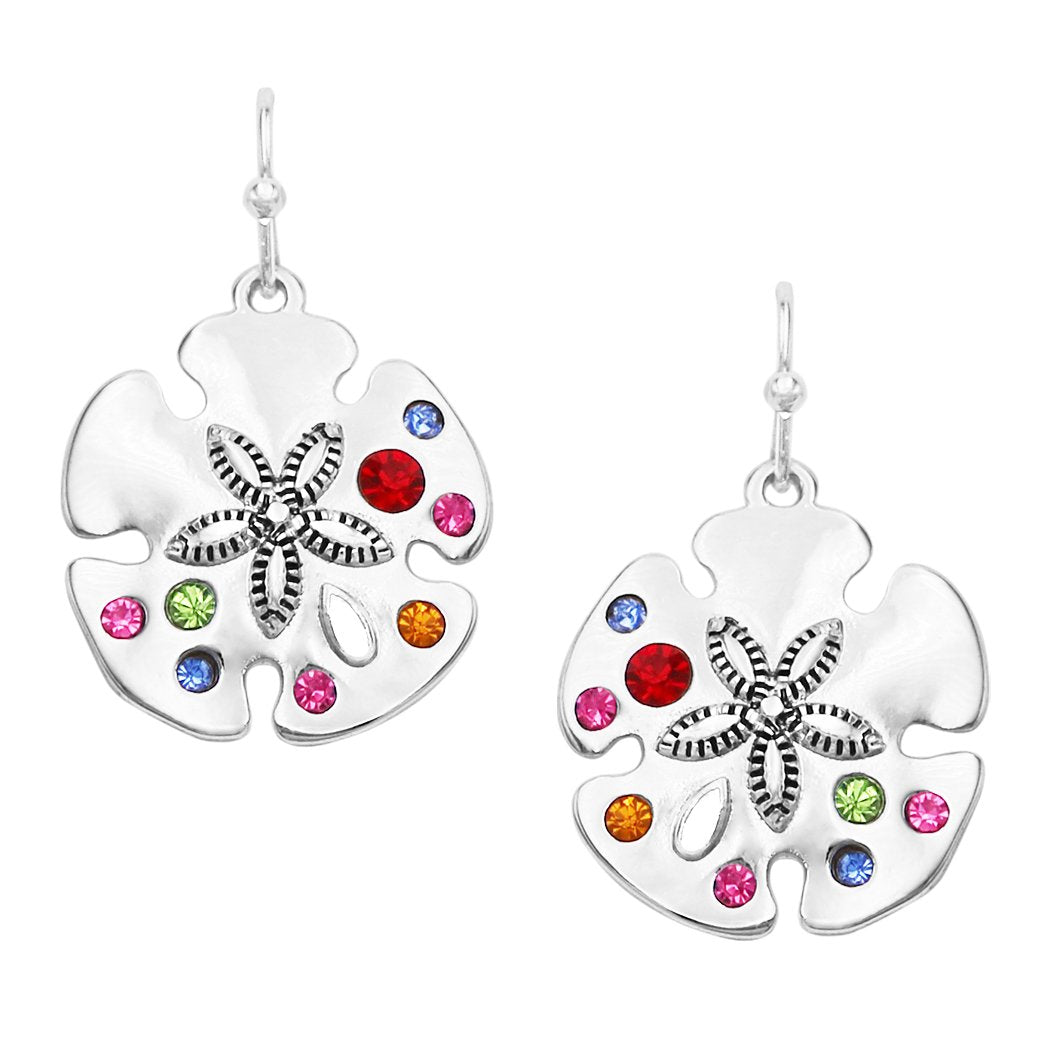 Beautiful Polished Silver Tone With Crystal Accents Sea Creature Sand Dollar Dangle Earrings, 1.30"