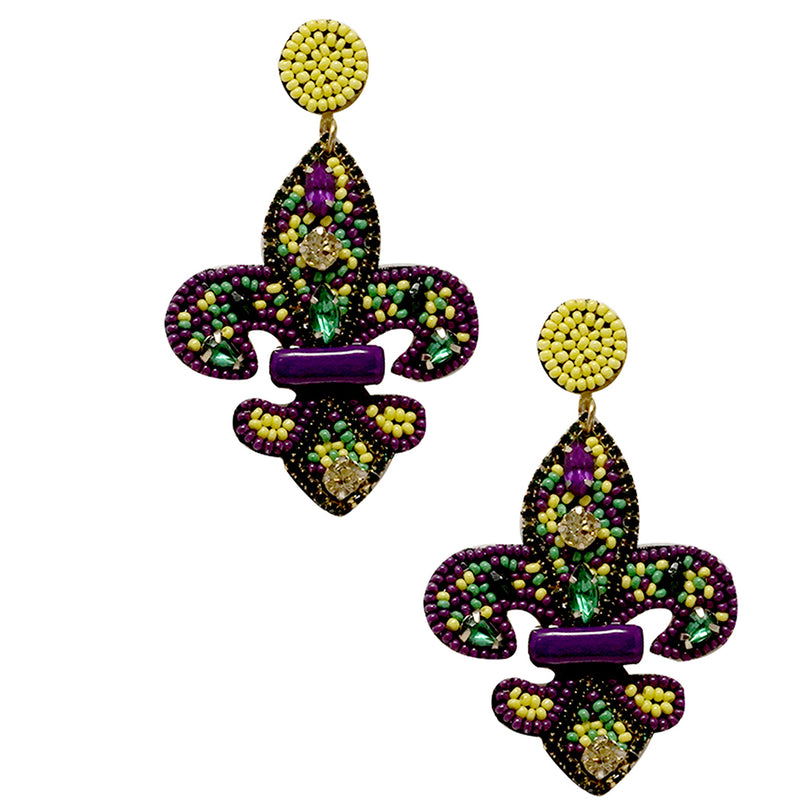 Whimsical Statement Mardi Gras Seed Bead Hypoallergenic Post Back Dangle Earrings, 3.25"