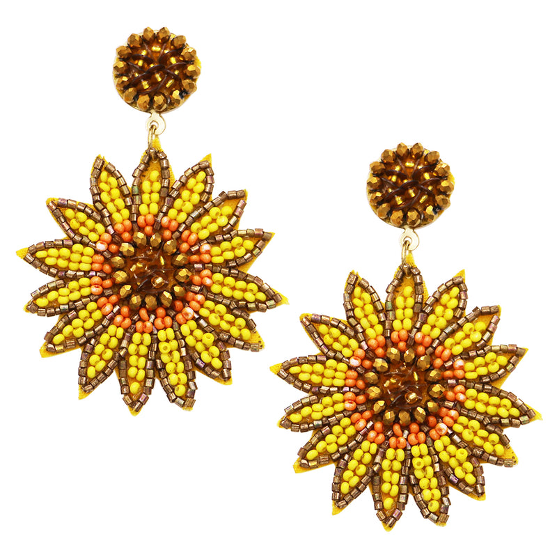 Bright And Bold Sunflower Seed Bead Post Dangle Earrings, 2.62"