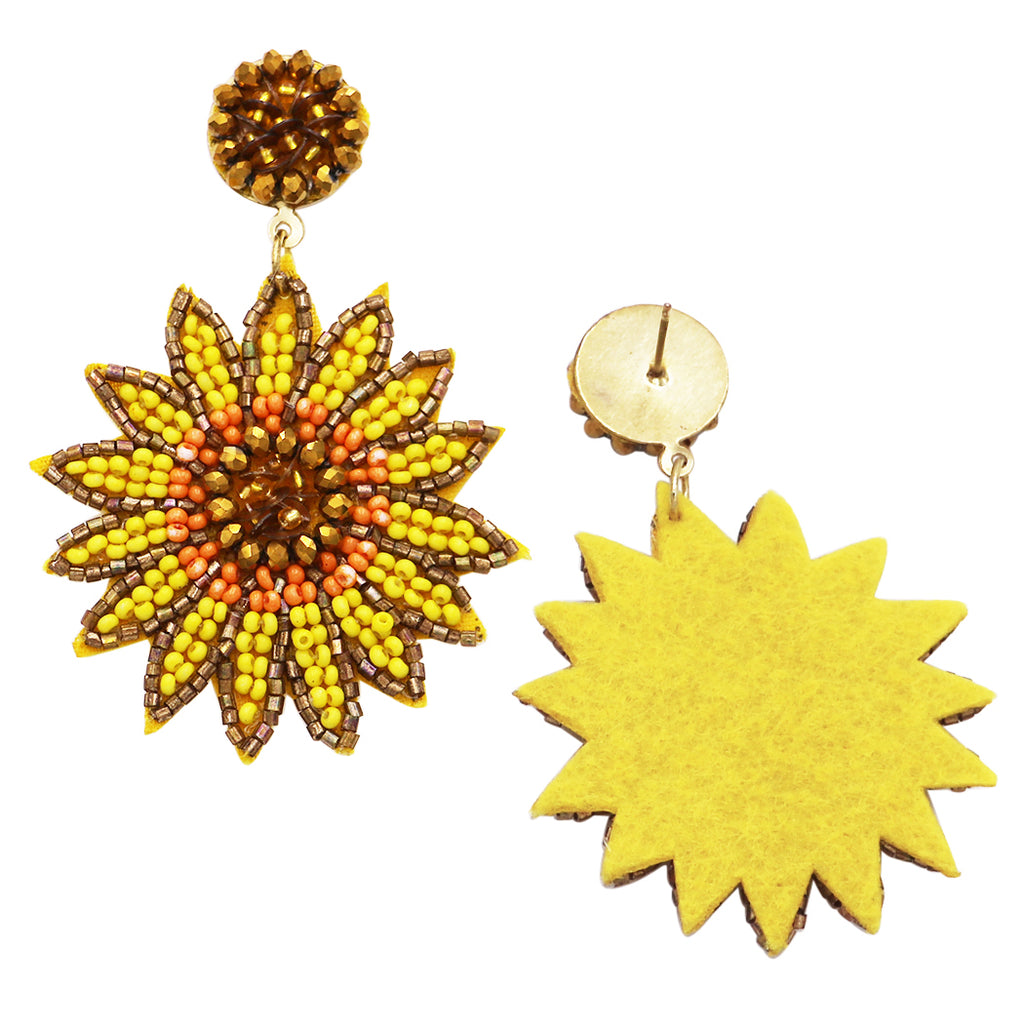 Bright And Bold Sunflower Seed Bead Post Dangle Earrings, 2.62"
