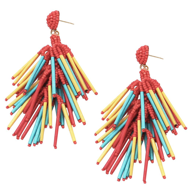 Colorful Fiesta Seed Bead Long Fringe Shoulder Duster Earrings, 4"