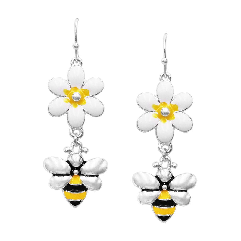 Summertime Fun BEEutiful Daisy Flower And Honey Bee Enamel Dangle Earrings, 2"