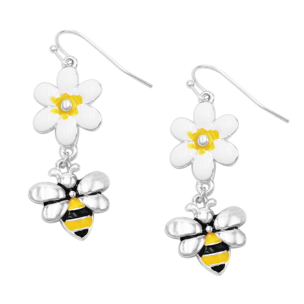 Summertime Fun BEEutiful Daisy Flower And Honey Bee Enamel Dangle Earrings, 2"