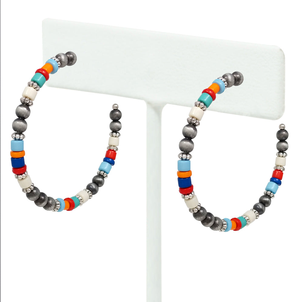 Chic Western Style Side Silhouette Metallic Pearl And Bead Hoop Earrings, 2.5" (Metallic Silver With Multicolored Beads)