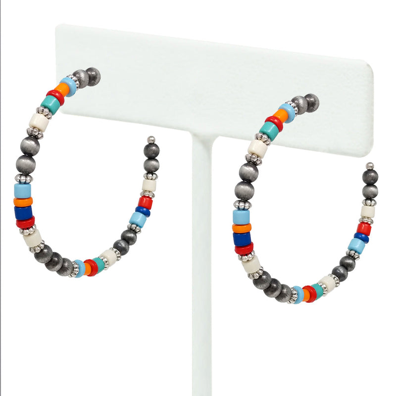 Chic Western Style Side Silhouette Metallic Pearl And Bead Hoop Earrings, 2.5" (Metallic Silver With Multicolored Beads)