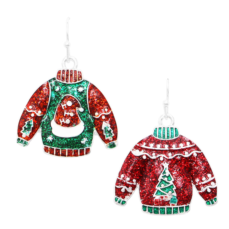 Whimsical Christmas Holiday Themed Fun Glitter Enamel Dangle Earrings, 1.25"-1.5" (Ugly Christmas Sweater)