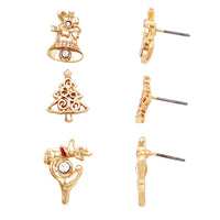 Christmas Holiday Themed Set of 3 Decorative Crystal Rhinestone Stud Earrings (Gold Tone Holiday Bells, Christmas Trees, Reindeer)