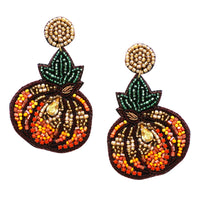 Decorative Seed Bead Halloween Pumpkin Earrings, 2.75"-3.5" (Fall Harvest Pumpkin)