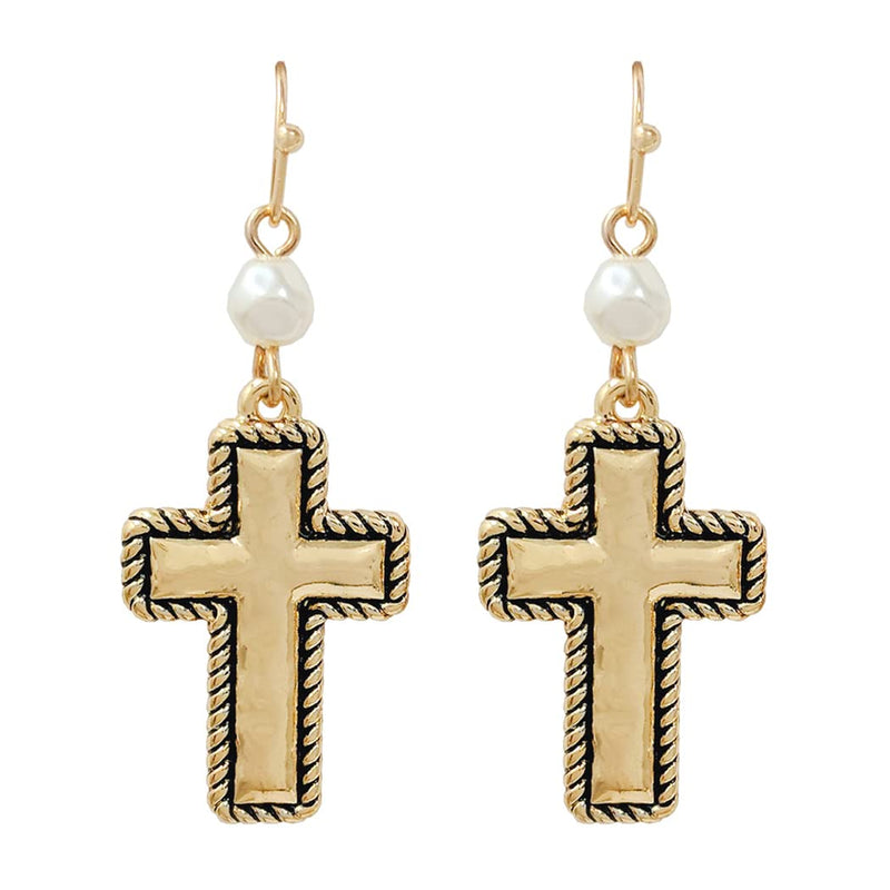 Stunning Gold Tone Hammered Metal Cross With Simulated Pearl Western Style Dangle Earrings, 2" (Gold Tone)