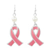 Breast Cancer Awareness Enamel Pink Ribbon With Freshwater Pearl Dangle Earrings, 1.75"