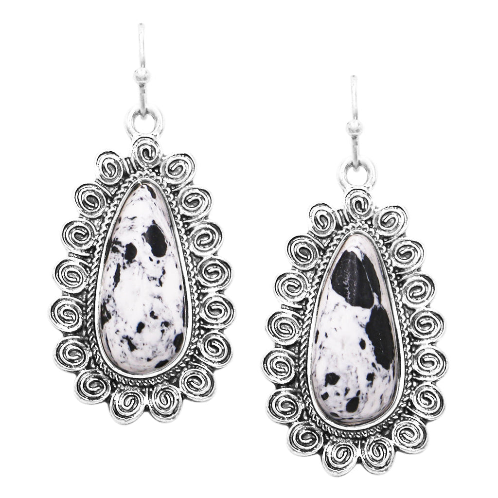 Western Style Decorative Vintage Metal Swirl Framed Howlite Dangle Earrings, 1.75" (Dalmatian Spots White With Black)