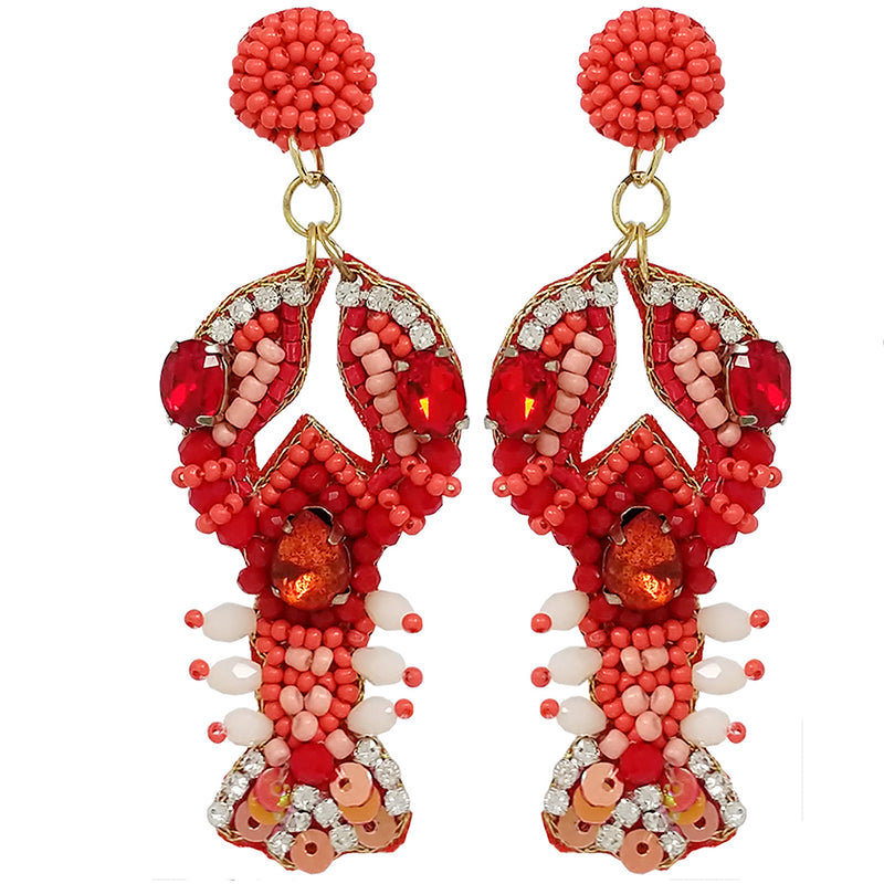 Unique Sea Creature Decorative Seed Bead Lobster Hypoallergenic Post Back Dangle Earrings, 3"