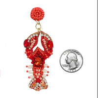Unique Decorative Seed Bead Lobster Hypoallergenic Post Back Dangle Earrings, 3"