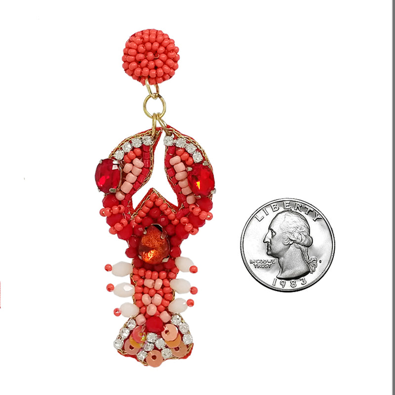 Unique Sea Creature Decorative Seed Bead Lobster Hypoallergenic Post Back Dangle Earrings, 3"