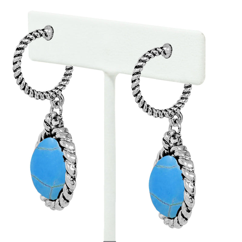 Stunning Western Style Textured Burnished Silver Tone Hoop With Turquoise Howlite Stone Earrings, 1.62"