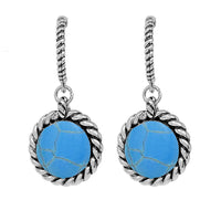 Stunning Western Style Textured Burnished Silver Tone Hoop With Turquoise Howlite Stone Earrings, 1.62"
