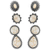 Set of 3 Pairs Western Cowgirl Fun Concho Style Natural Howlite Post Back Earrings (Natural White Howlite Stone)