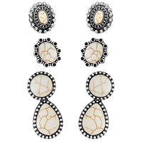 Set of 3 Pairs Western Cowgirl Fun Concho Style Natural Howlite Post Back Earrings (Natural White Howlite Stone)