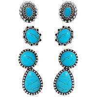 Set of 3 Pairs Western Cowgirl Fun Concho Style Natural Howlite Post Back Earrings (Turquoise Howlite Stone)