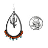 Western Style Metal Teardrop Hoops With Textured Cactus And Colorful Bead Dangle Earrings, 2.25"