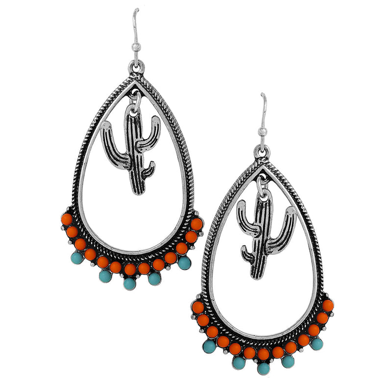 Western Style Metal Teardrop Hoops With Textured Cactus And Colorful Bead Dangle Earrings, 2.25"