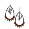 Western Style Metal Teardrop Hoops With Textured Cactus And Colorful Bead Dangle Earrings, 2.25"