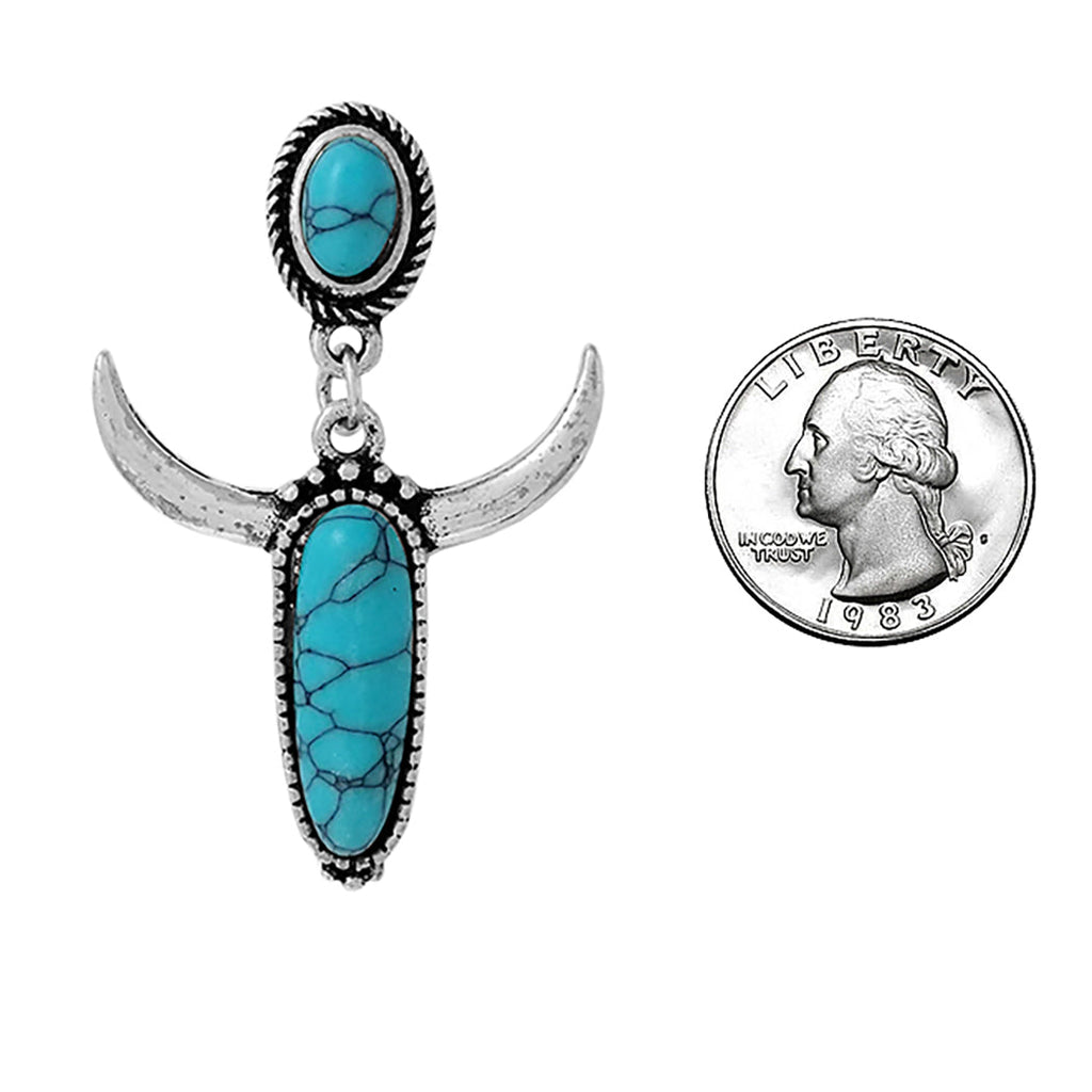 Western Style Steer Head With Semi Precious Turquoise Howlite Stone Post Earrings, 1.62"