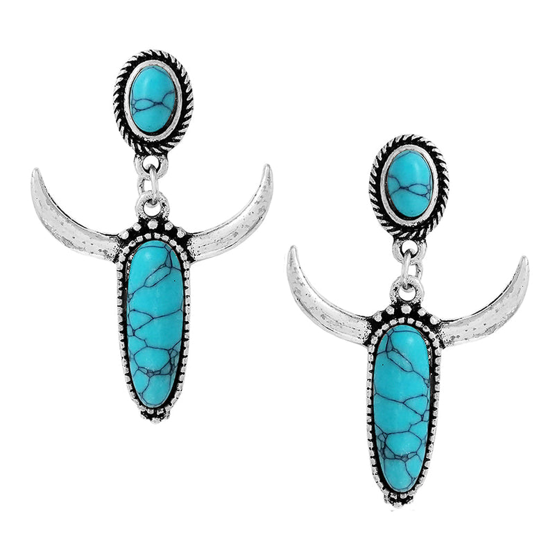 Western Style Steer Head With Semi Precious Turquoise Howlite Stone Post Earrings, 1.62"