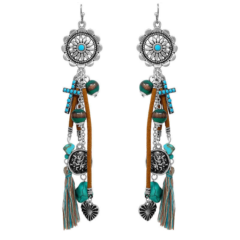 Extra Long Wild Western Concho With Vegan Leather Cords And Cross Tassel Howlite Stone Charms Shoulder Duster Earrings, 4.75"